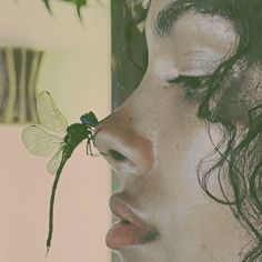 a close up of a woman with a dragonfly on her nose