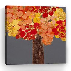 an abstract painting of a tree with oranges, yellows and red circles on it