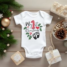 ♥ Celebrate your little one's first Christmas with this adorable design! The playful "My First Christmas" text arches below, making this outfit the perfect keepsake for your baby's first holiday season. Whether you're looking for the perfect Christmas photo outfit or a memorable gift, this design is sure to make your baby's first Christmas extra special and making it a standout piece in any holiday wardrobe. ♥ Each bodysuit is printed on order with love. ♥ If you have any requests or changes to Christmas Photos Outfits, Christmas Baby Romper, My First Christmas Outfit, First Christmas Outfit, First Christmas Baby, Merry Christmas Baby, Christmas Text, My First Christmas, Baby Christmas Outfit