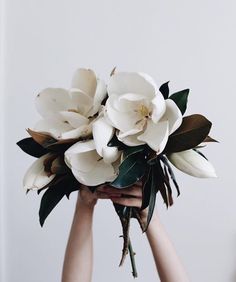 a woman holding a bouquet of white flowers in her hands with greenery on top