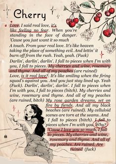 Lyrics Cherry Lana del Rey, aesthetic, vintage, coquette Lana Cherry Poster, Croquette Aesthetic Lana Del Rey, Lana Del Rey Books Aesthetic, Lana Del Rey Themed Wallpaper, Cherries Lana Del Rey, Vintage Lana Del Rey Aesthetic, Cocette Aesthetic Poster, Lana Posters Aesthetic, Room Lana Del Rey Aesthetic