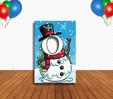 a snowman is standing in front of balloons