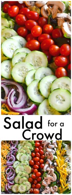 the salad for a crowd is shown in three different pictures, including tomatoes, cucumbers and onions