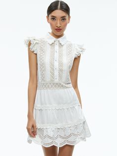 Meeko Embroidered Ruffled Sleeve Shirt Dress In Off White Summer Dress With Lace Trim And Cap Sleeves, White Casual Cap Sleeve Dress, White Cap Sleeve Summer Dress, White Cap Sleeve Casual Dress, Casual Short Sleeve Dress With Lace Collar, Casual Summer Dress With Lace Collar, Dress Shirt Sleeves, Alice And Olivia, Sleeve Shirt