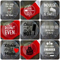 six coasters with different sayings on them, including one for the kitchen and one for the home