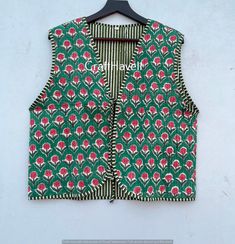 About this item Handmade Ships from a small business in India Materials: Cotton Gift wrapping available Indian Handmade Block Print Jackets, Coats, Boho , Quilted, For Women`s Jacket Made In India Size - All Size WE INCREASE SIZE MEASURE AND UPDATED Small Size - Chest -38 inch Length- 20.5 inch Sleeves -23 inch Medium Size - Chest-40 inch Length- 20.5 inch Sleeves -23 inch Large Size - Chest- 42 Inch Length- 21 inch Shoulder -15.5 inch Sleeves -23 inch XL Size - Chest -44 inch Length - 21 Inch S Green Cotton V-neck Outerwear, Green Sleeveless Cotton Outerwear, Sleeveless Cotton Nehru Jacket For Spring, Sleeveless Jackets For Women, Quilted Waistcoat, Vest Jackets, Floral Coat, Womens Quilted Jacket, Patchwork Print