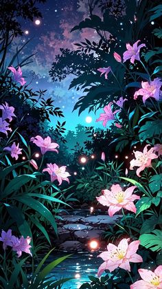 the night sky is full of stars and pink flowers, with water running through it