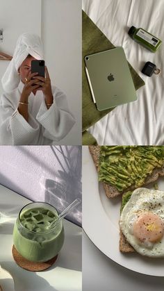 there are two pictures with food on the table and one has an iphone in it