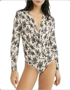 FREE PEOPLE Printed Turnt Long Sleeve Bodysuit In Ecru Combo Size XS New $78 | eBay Bodysuit Pattern, Bell Sleeve Bodysuit, Ribbed Knit Bodysuit, Free People Bodysuit, Striped Bodysuit, Pink Bodycon Dresses, Velvet Bodysuit, Bodysuit Top, Knit Bodysuit