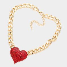 Necklace Size : 16" + 3" L Decor Size : 1.5" L Metal Chain Necklace, Heart Rhinestone, Necklace Size, Necklace Sizes, Metal Chain, Red Heart, Lowest Price, Size 16, Chain Necklace