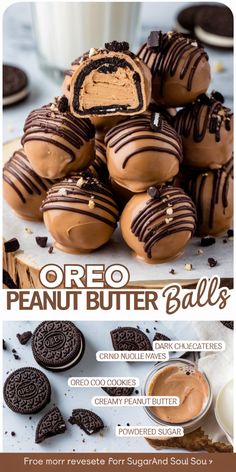 oreo peanut butter balls are stacked on top of each other with chocolate frosting