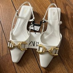 New With Tags White Flats Pointy Front Gold Buckled Trendy White Zara Heels, Elegant Gold Heels By Zara, Zara Embellished Pointed Toe Heels, Zara Beige Pointed Toe Heels, Zara Slingback Pumps With 4-inch Pointed Toe, Zara Pointed Toe Heels With 4-inch Heel, Point Shoes, Zara Shoes, White Flats