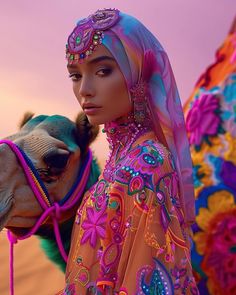 a woman in a colorful dress standing next to a camel