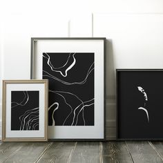 three black and white framed pictures sitting on top of a wooden floor