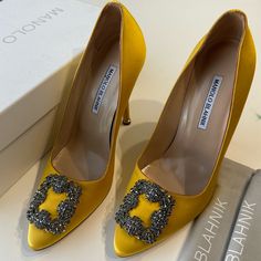 Worn Once . Still Like Brand New Yellow Embellished Evening Heels, Yellow Embellished High Heels, Luxury Yellow Closed Toe Heels, Elegant Yellow Heels For Cocktail, Elegant Yellow Cocktail Heels, Elegant Yellow Closed Toe Heels, Elegant Yellow Heels With Almond Toe, Elegant Yellow Almond Toe Heels, Manolo Blahnik Heels