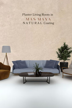 a living room filled with furniture next to a wall mounted sign that reads master living room in masma natural coating