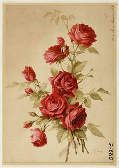 a painting of red roses with green leaves