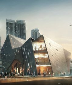 an artistic rendering of a futuristic building in the middle of a city with tall buildings