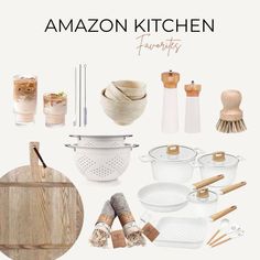 an assortment of kitchen items displayed on a white background with the words amazon kitchen essentials