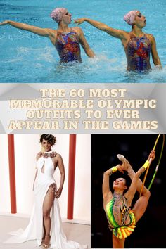 two women in swimsuits and one is holding a pole with the words, this go most memorable olympic outfits to ever appear in the games