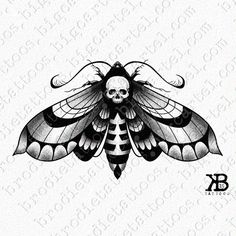 a black and white drawing of a butterfly with skulls on it's wings,