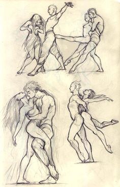 some sketches of people dancing together in different poses, one with his arm around the other's neck