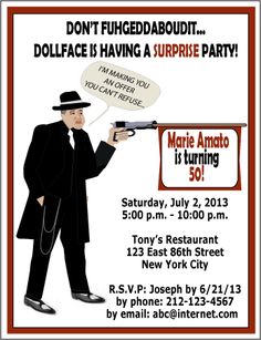 GANGSTER PARTY THEME PARTIES FOR HUSBAND | ... party invitations are a fun theme for gangster theme birthday parties Godfather Birthday Party, Gangster Party Theme, Gangster Theme Party, The Godfather Party, Mafia Theme Party, Mafia Theme, 60th Bday Ideas