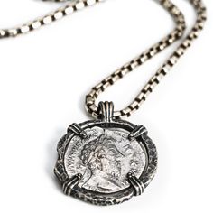 Marcus Aurelius - "The Philosopher" – Alexander Drake Classic Silver Necklace With Coin Pendant, Luxury Collectible Medallion Necklace, Luxury Engraved Coin Pendant Necklace, Luxury Tarnish Resistant Coin Jewelry, Timeless Silver Medallion Necklaces, Classic Coin Necklace With Polished Finish, Luxury White Gold Coin Necklace, Classic Coin Shaped Necklace With Polished Finish, Sterling Silver Coin Jewelry With Polished Finish