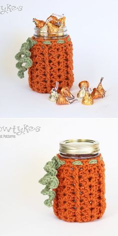 there is a crocheted jar with some candy in it and the lid has leaves on it