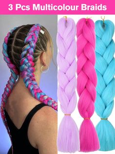 Multicolor  Collar  Fibra de Alta Temperatura  Mechones de Pelo sin Costuras Embellished Pink And Purple Braids, Pink And Purple Braids Black Women, Colorful Fake Hair Braids, Rainbow Hair Extensions Braids, Festival Hair Wigs & Extensions, Crochet Hair Extensions, Hair Crochet, Daily Holidays, Hair Pack