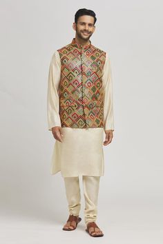 Yellow and multi color bundi with all over geometric, thread embroidery. - Aza Fashions Thread Embroidery, Cotton Embroidery, Jacket For Men, Embroidery Thread, Aza Fashion, Mens Jackets, Multi Color, Thread, For Men