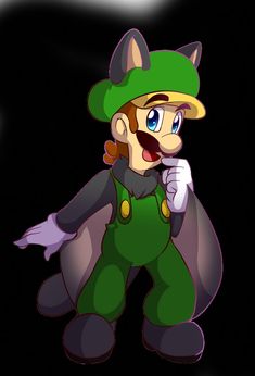 an image of a cartoon character with a hat and green overalls standing in front of a black background