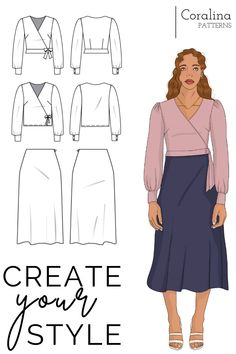 This bundle is great for a romantic look that also can be used for work and going out. You will get the Anita blouse. This wrap blouse can be made in two different lengths. And the Viv skirt. A modern midi skirt cut on the bias. #blousepattern #skirtpattern #romanticlook #capsulewardrobe Blouse With Long Sleeves, Shirt Sewing Pattern, Bias Cut Skirt, Skirt Patterns Sewing, Fall Capsule Wardrobe, Satin Midi Skirt, Sewing Skirts, Dress Sewing Patterns, Wrap Blouse