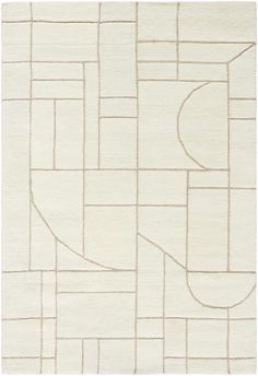 a white rug with an abstract design on the side and beige lines in the middle