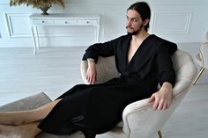 "HOODED LINEN ROBE for MEN, HANDMADE LINEN ROBE This robe is a very cozy and comfortable wear. Take it with you on vacation, a business trip or to a SPA - and you will always feel at home:) The robe features: - Front wrap - Hood - Long sleeves with lapels - Belt - Two inseam pockets - Ankle length It is made of pure organic European linen which is soft, breathable and pleasant to the skin. It keeps you cool in hot weather and makes you feel warm and cozy on cooler days. COLOR: pitch black. Also Robe For Men, Linen Robe, Bathrobe Men, Garment Fabric, Pitch Black, Mens Linen, European Linens, Perfect Gift For Him, Womens Robes