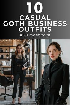 Incorporating goth elements into business casual attire can create a unique and professional look. These outfits balance the dark, dramatic style of goth fashion with the clean lines and tailored pieces suitable for the office. Rock Casual Outfits For Women, Rock Office Style, Goth Older Women, Dark Feminine Business Outfits, Black Outfit Office Woman, Clean Black Outfit, Soft Goth Work Outfits, Business Casual For Goths, Professional Dark Academia