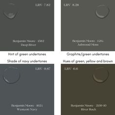 four different shades of gray paint with the names and colors listed below them, including grey