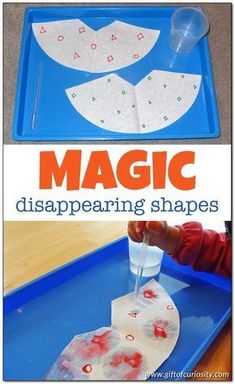 a blue tray with some paper plates on it and the words magic disappering shapes