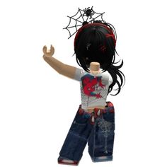 an animated doll with black hair and spider web on it's head, standing in front of a white background