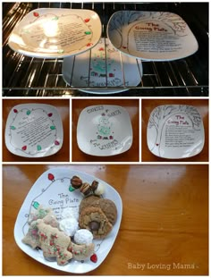 there are four plates with christmas cookies on them and one has a poem written on it