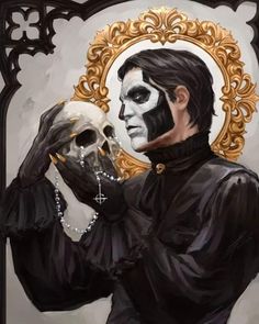 a painting of a man in black holding a skull