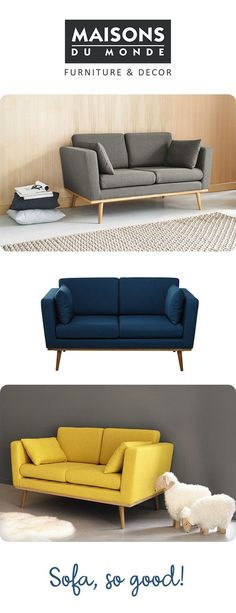 three different types of couches in various colors and sizes, with text that reads maisons furniture decor