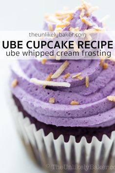 a cupcake with purple frosting and sprinkles on top that says, ube cupcake recipe use whipped cream frosting