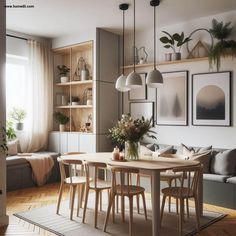 a dining room table surrounded by chairs and plants