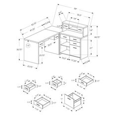 the drawing shows an office desk with drawers, and three other parts to be assembled