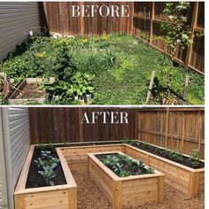 before and after pictures of a raised garden bed with plants growing in the bottom right corner