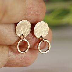 "Modern, simple, gold filled hammered disc and hammered circle dangle stud earrings. Hand hammered gives them a little sparkle. Everyday earrings. Gold filled hammered discs are 9.5mm diameter. Gold filled hammered circles are 8mm diameter. ------------------------- MATERIAL GOLD FILLED ! 100% quality 14k gold filled. More durable and longer lasting than any gold plated items. Gold-filled is composed of a solid layer of gold (typically constituting at least 5% of the item's total weight) mechani Everyday Hammered Rose Gold Earrings, Everyday Rose Gold Hammered Earrings, Hammered 14k Gold-filled Rose Gold Earrings, Hammered Rose Gold Earrings 14k Gold Filled, Rose Gold Hammered 14k Gold-filled Earrings, Rose Gold Hammered Dangle Earrings, Minimalist Earrings Gold, Earrings Double, Earrings Everyday