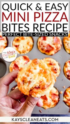 mini pizza bites in a muffin tin with text overlay that reads quick and easy mini pizza bites recipe