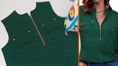 a woman wearing a green top with zippers on the front and side, next to an image of a women's blouse