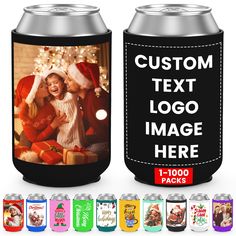 a can cooler with a christmas photo on the front and side, surrounded by other cans